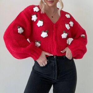 Red 3D Floral Knit Sweater